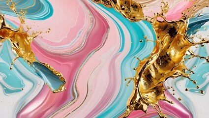 "Elegant Fluid Art &ndash; Pink, Blue, and Gold Abstract Swirls with Luxurious Metallic Accents"