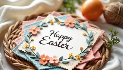 Naklejka premium Vintage-inspired Easter card with floral design, celebrating springtime