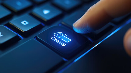 Digital Cleanup Finger Pressing Illuminated Cleanup Button on Keyboard