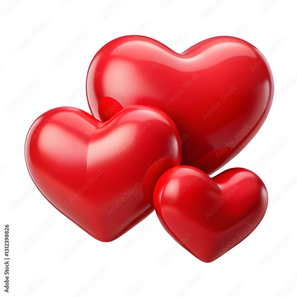 Aufkleber 3d shiny red hearts in three sizes. shiny 3d red hearts in multiple sizes. glossy red hearts set .