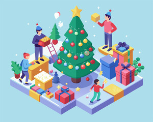 Fototapeta premium People decorating a Christmas tree image. Isometric style. Vector illustration.