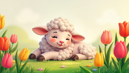 Contented lamb relaxing beside vibrant tulips, Easter symbolism