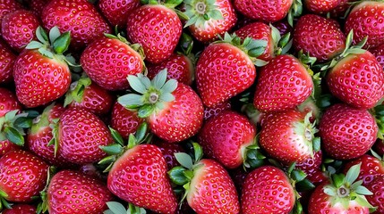 Strawberries fill frame. Lush, ripe fruit texture & color. Background is indistinct. Food blog, menu, or ad