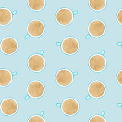 Watercolor seamless pattern: ceramic turquoise coffee mug cappuccino latte with cream on blue. Element for design menu café, coffee house, bakery, flyer, wrapping, interior decor, wallpaper, textile