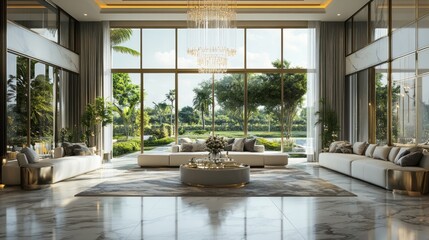 A luxurious living room with extensive windows and natural views