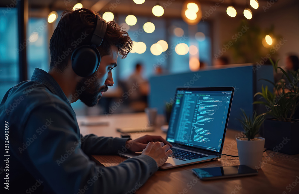 Aufkleber Developer with headphones writes code on laptop working remotely. Programmer engineering software, server, database, network, processor, system. Freelance man coding cyberspace, program on screen.