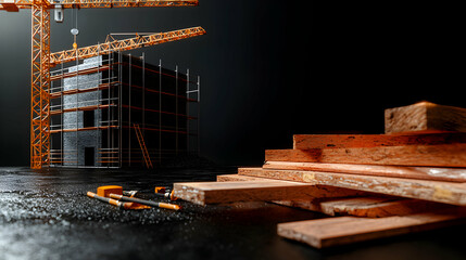 Construction scene depicting building materials scaffolding and cranes overhead