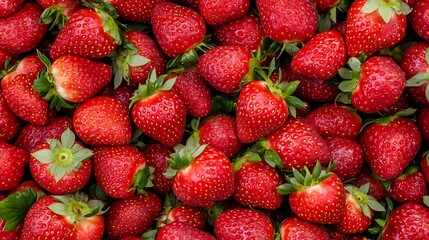 Strawberries fill the frame, with blurred reds, for use in food ads or recipe illustrations