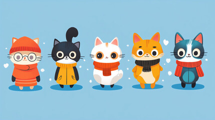 Fototapeta premium Cute cartoon cats and dogs wearing winter sweaters on a blue background for playful pet illustrations