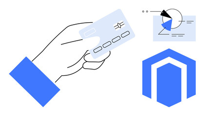 Hand holding a chip credit card, geometric chart with data points, and hexagonal financial emblem. Ideal for finance, banking, payment systems, data insights, trade technology security. Flat simple