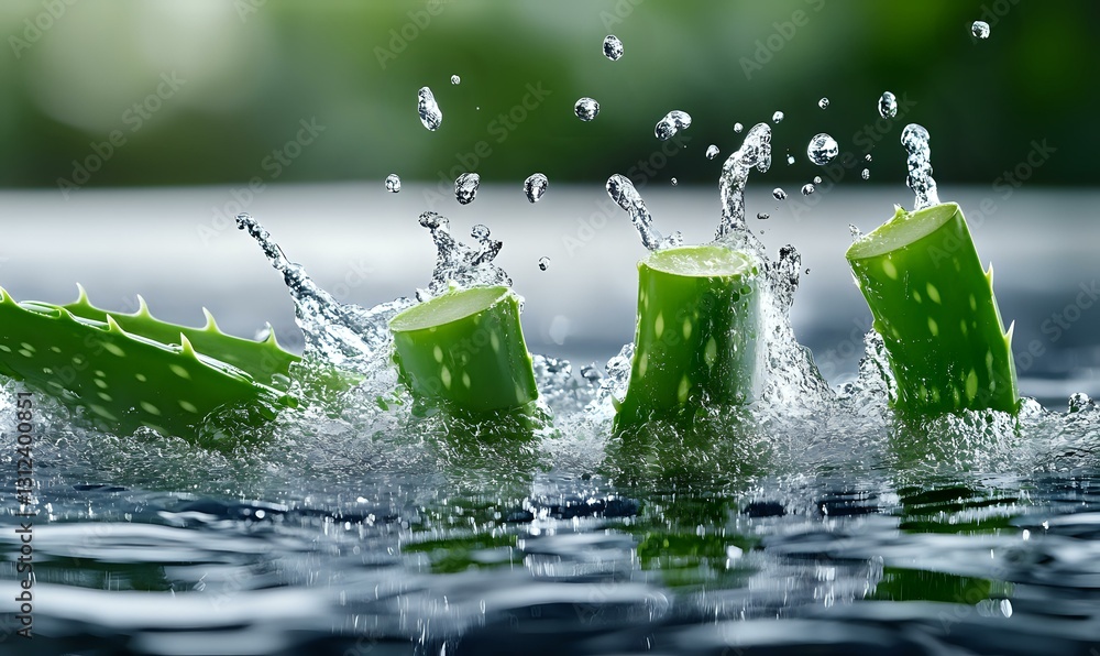 Poster fresh aloe vera pieces splashing in water with dynamic droplets creating natural motion effect again