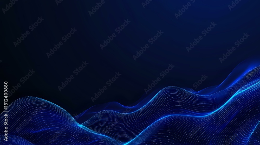 Poster glowing blue wave lines on dark background create dynamic flowing pattern with depth and movement, a