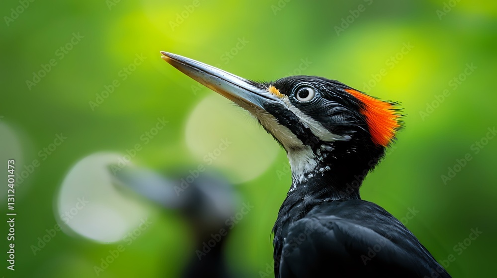 Aufkleber black woodpecker with distinctive red crest and long pointed beak in close-up portrait against blurr
