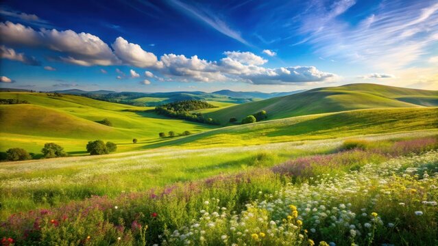 A serene landscape with rolling hills covered in lush green grass and wildflowers, set against a clear blue sky with a few wispy clouds , beautiful countryside view, landscape photography