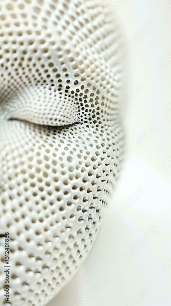 Poster Close-up macro shot of white textured surface with perforated dots forming abstract curved patterns, creating subtle depth and shadow effects on light background.