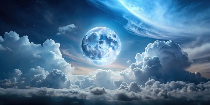 Dark grey and blue sky with fluffy white clouds scattered across it, a full moon shining brightly through the gaps, casting an ethereal glow on the landscape, lunar effect, outdoor scene