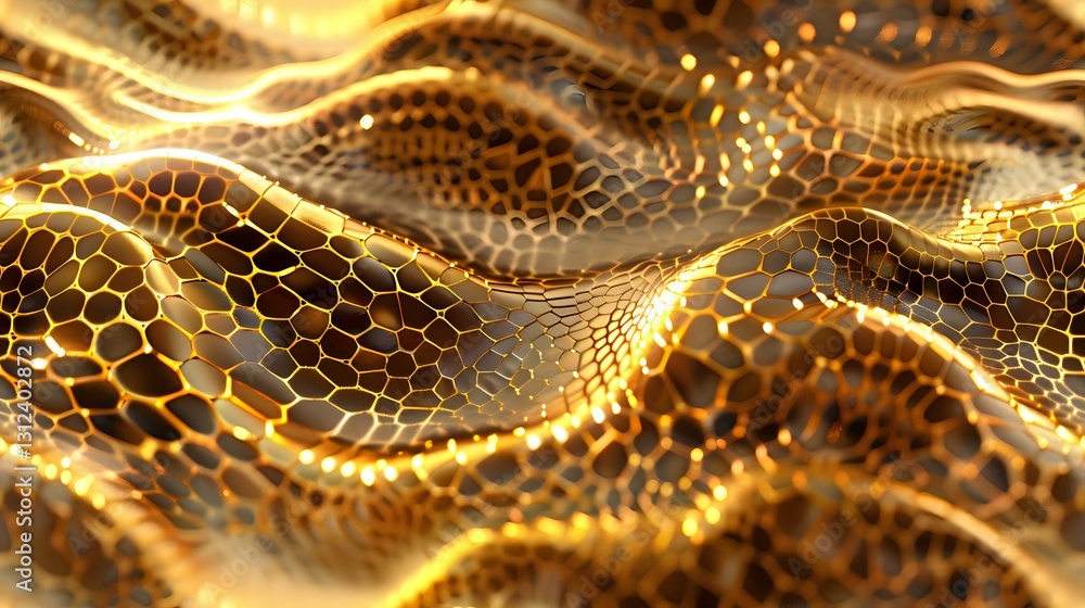Aufkleber Glowing golden honeycomb mesh waves with light effects create dynamic flowing pattern. Abstract technology or science background with hexagonal structure.