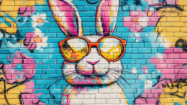 Graffiti color&eacute; repr&eacute;sentant un lapin blanc avec des lunettes de soleil orange sur un mur en briques, street art urbain aux tons vifs et estivaux