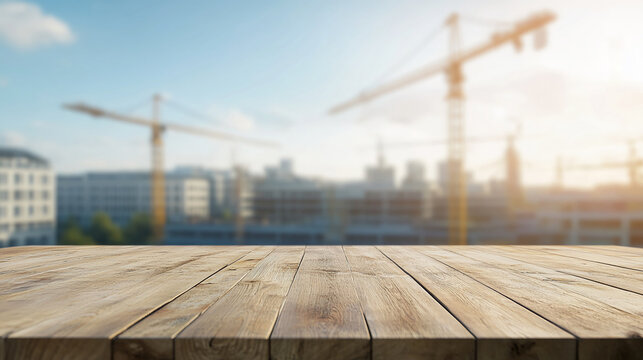 Light brown wooden table, planks texture, against blurred background of cityscape and construction cranes, showcasing free space for product display or text