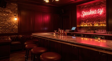 Vintage Speakeasy Bar Interior with Cocktails and Moody Red Lighting