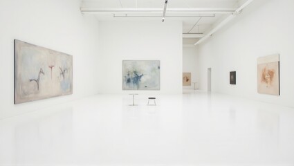 A minimalist art gallery with modern paintings and a simple wooden bench in the center. The white walls and clean design emphasize the artwork. Generative, AI,