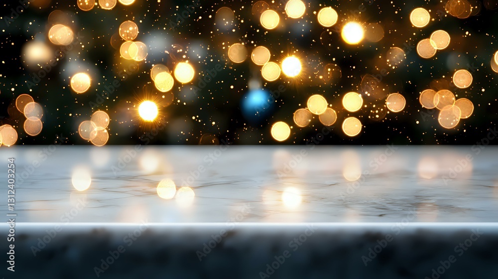 Poster glowing golden bokeh lights on dark background with reflective surface, creating magical atmospheric
