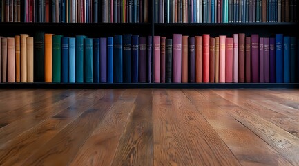 Colorful hardcover books arranged on dark wooden shelf against black background with rustic wooden floor, creating atmospheric library scene for education concepts.