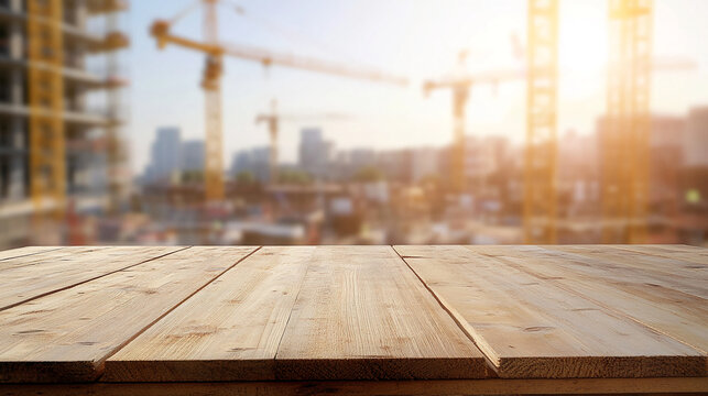 Light brown wooden surface, showcasing planks texture against a blurred backdrop of construction cranes and buildings, ideal for product display or text placement