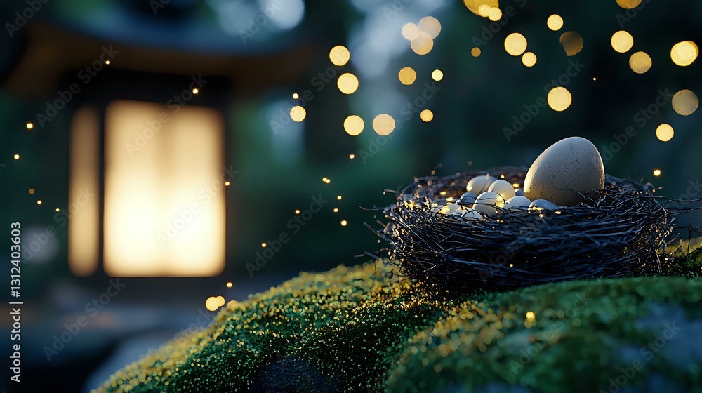 Poster bird nest with white egg on mossy ground illuminated by warm bokeh lights and glowing lantern creati