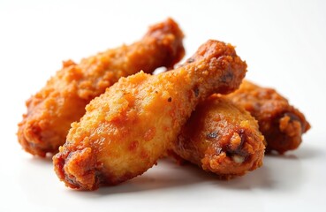 Crispy fried chicken wings close-up. Golden brown, delicious snack, tasty dinner. Isolated on white. Chicken drumsticks, cooked meat with mouth watering crust for food blog.