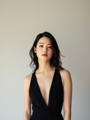 Fototapeta premium Modern Full Body Portrait of an Asian Woman in Elegant Black Dress