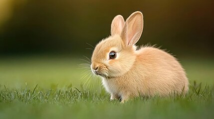 Fototapeta premium Adorable Light Brown Bunny Sitting in Green Grass