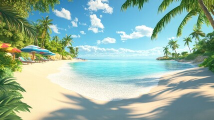 A scenic tropical beach features clear water and palm trees under the sky