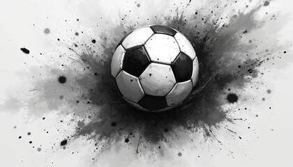 Monochrome illustration of soccer ball with splash effect. Black, white sports design for football events. Graphic art for team, match, championship, competition projects. Minimalist modern style