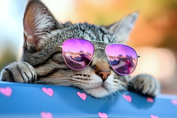 Relaxed gray tabby cat wearing aviator sunglasses with purple mountain reflection, resting on blue surface with pink heart pattern, creating whimsical summer mood.
