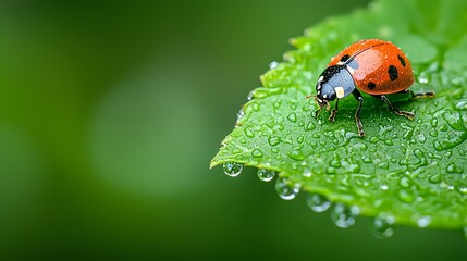 Obraz premium Red ladybug walking on wet green leaf with morning dew drops. Macro nature photography showing water droplets and insect details against blurred background.