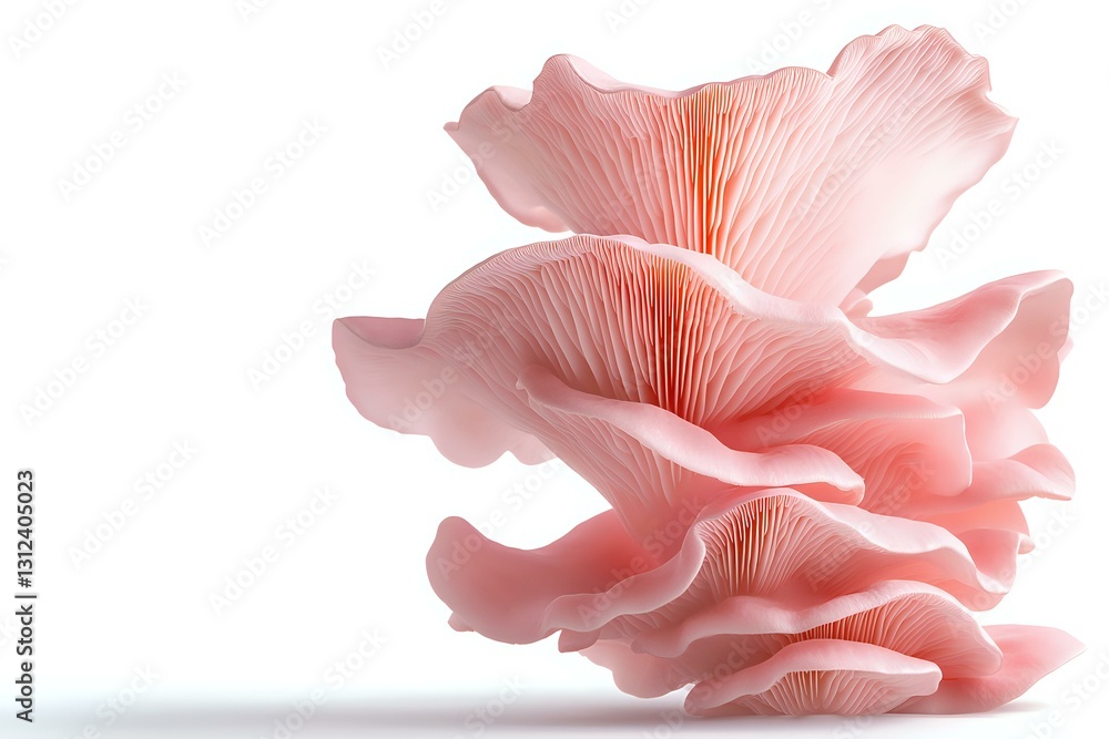 Poster pink oyster mushroom macro on white background showing delicate gills and ruffled layers in soft cor