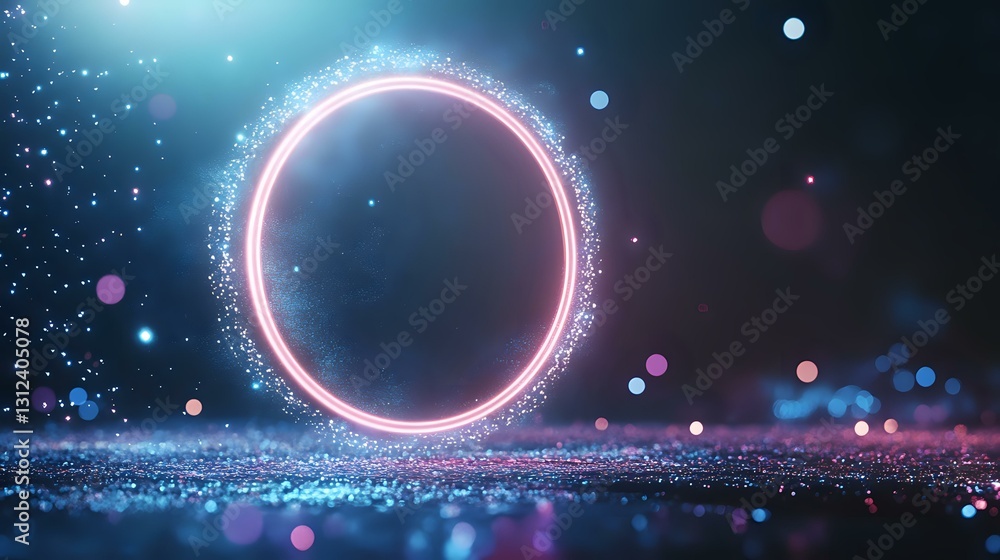 Aufkleber glowing neon circle with sparkles and bokeh effects on dark background creates mystical atmosphere i