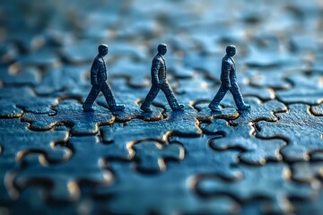 Three miniature business figures walking in line across blue jigsaw puzzle pieces, representing teamwork and corporate challenges in problem-solving journey.