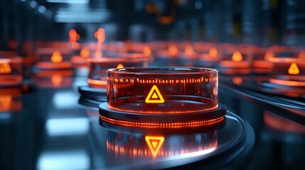 Glowing orange hazard warning symbols on futuristic circular platform against dark background with multiple reflective surfaces creating sci-fi atmosphere.