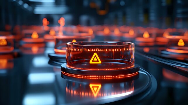 Glowing orange hazard warning symbols on futuristic circular platform against dark background with multiple reflective surfaces creating sci-fi atmosphere.