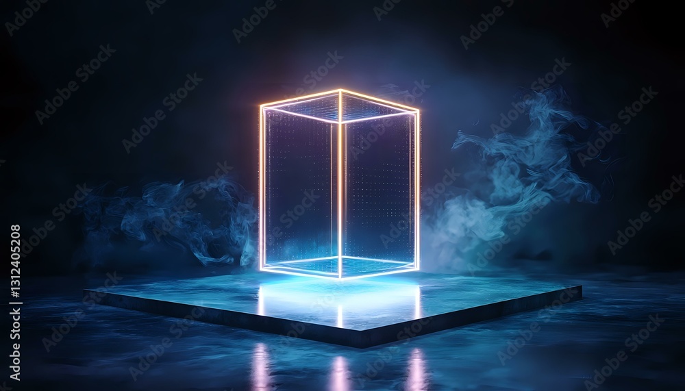 Poster glowing neon cube frame on illuminated platform with blue smoke effects and reflections creates futu