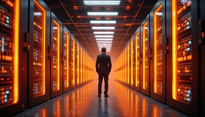 Digitalization lines stream through servers in futuristic data center. Chief tech officer in suit oversees network. Concept of modern cloud solution, infrastructure, AI, innovation, system