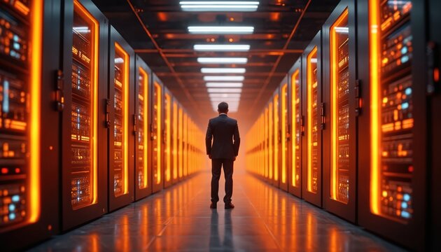 Digitalization lines stream through servers in futuristic data center. Chief tech officer in suit oversees network. Concept of modern cloud solution, infrastructure, AI, innovation, system