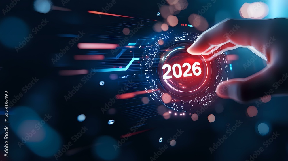 Poster futuristic technology concept showing finger touching 2026 number in glowing red circle with digital