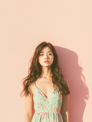 Obraz premium Elegant Asian Woman Posing in Floral Dress Against Pink Background