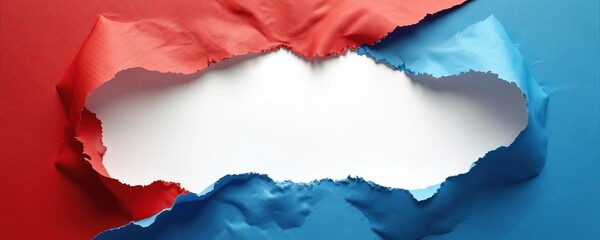 Ripped apart red and blue paper with a stark white void. Torn paper, conflict, contrast concept. Texture background. Visual tension, graphic art, creative design, colors for advertisement.