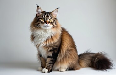 Obraz premium Brown tabby Norwegian forest cat with thick fur coat sits proudly on white background. Fluffy cute longhair kitten portrait. Breed from cold climates. Lovely pet with green eyes.