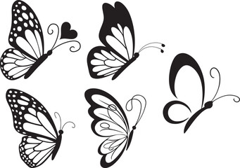 Set of Ornamental Butterfly Designs in Elegant Black and White Silhouettes