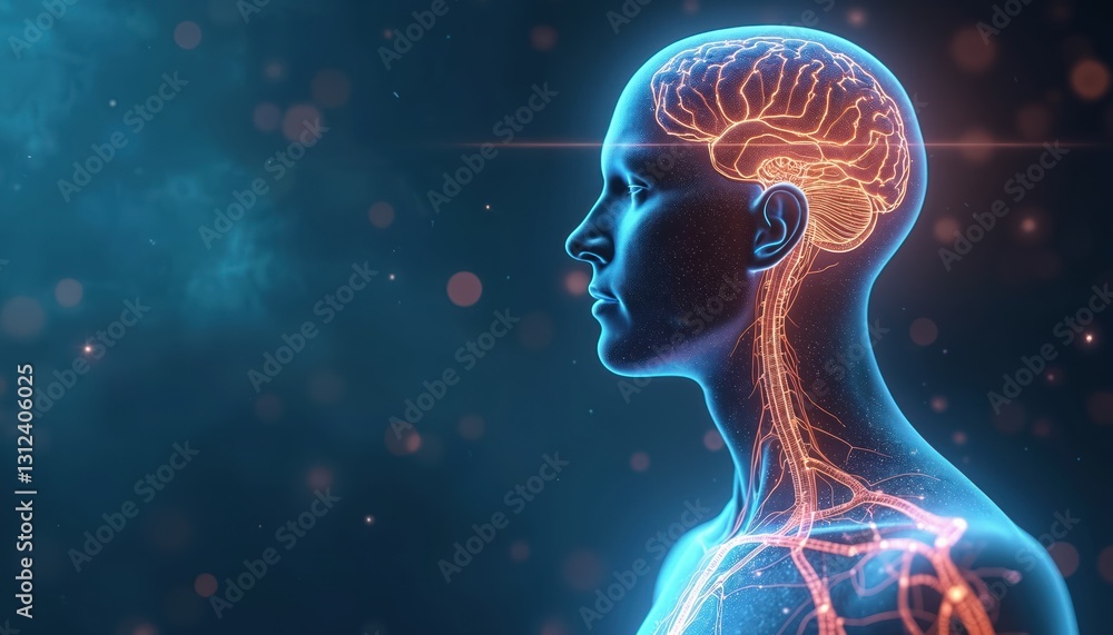 Poster ai fights anxiety via vagus nerve. futuristic tech representation of human head with brain activity.